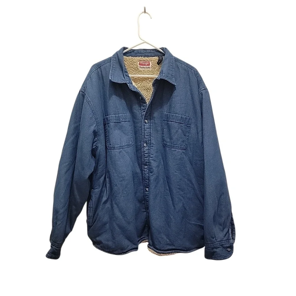 Vintage Wrangler Sherpa Lined Blue Denim Button Up Shirt Shacket Men's 4XL